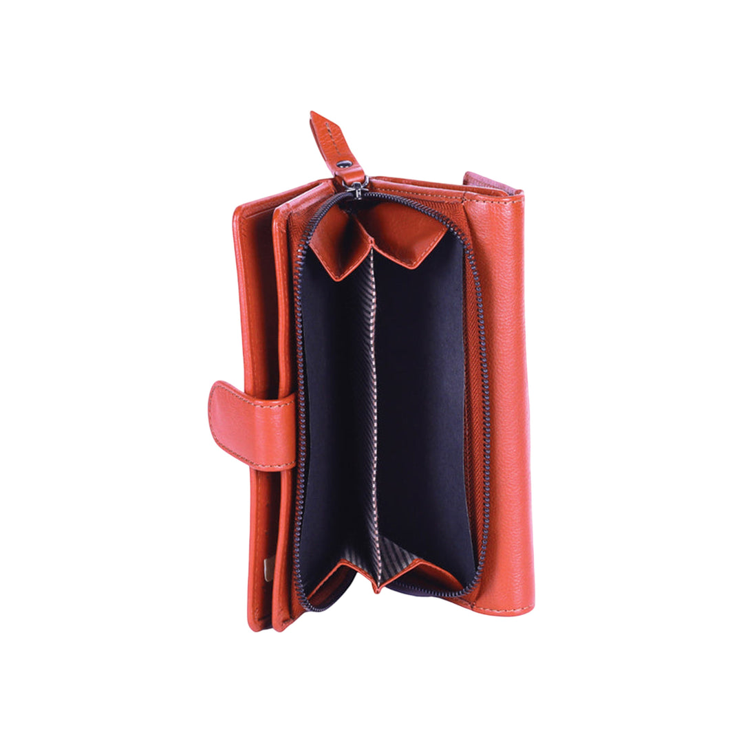Chris Louis Petra ladies tri-fold wallet in tan genuine leather with snap closure, coin zipper, and card slots.