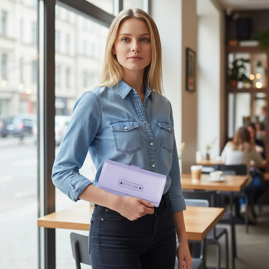 Chris Louis Petra Trifold Wallet in lavender leather with RFID-blocking technology and multiple card slots.