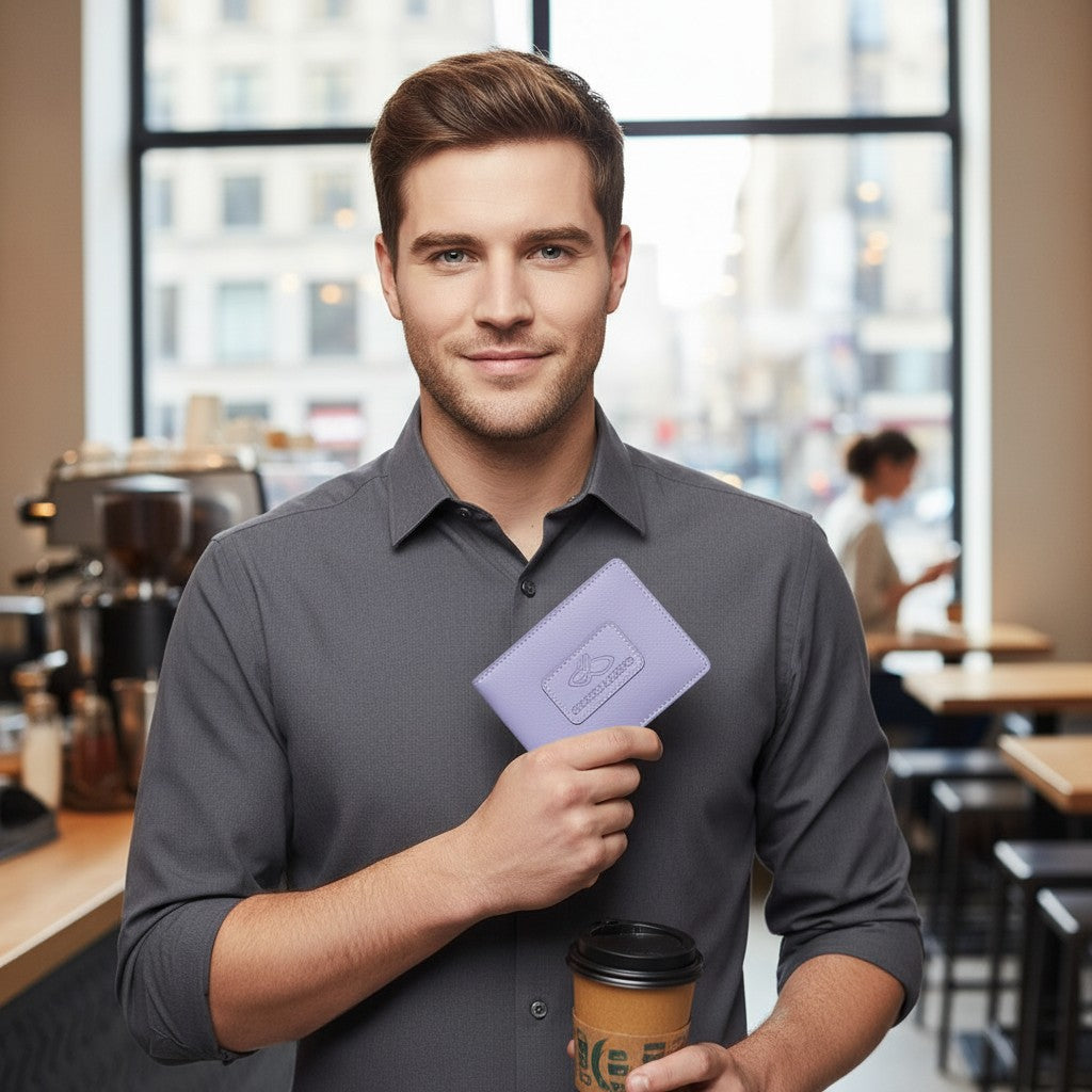 Chris Louis light purple genuine leather bifold wallet with embossed logo and contrast stitching, held by a man.