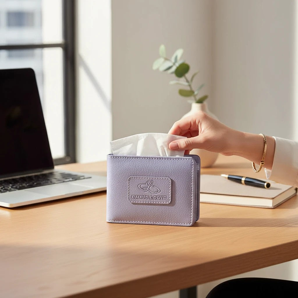 Chris Louis light purple genuine leather tissue box holder with embossed logo and contrast stitching