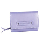 Chris Louis Gilgie ladies tri-fold wallet in light purple genuine leather with snap closure and 16 card slots.