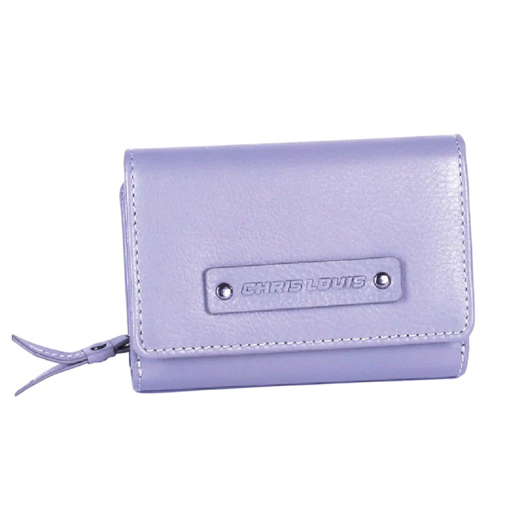 Chris Louis Gilgie ladies tri-fold wallet in light purple genuine leather with snap closure and 16 card slots.
