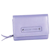 Chris Louis Gilgie ladies tri-fold wallet in light purple genuine leather with snap closure and 16 card slots.