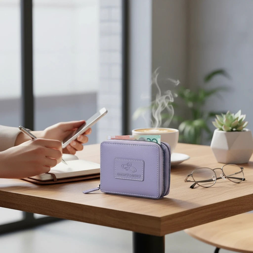 Chris Louis light purple leather RFID blocking zip-around wallet with multiple card slots and ID window.