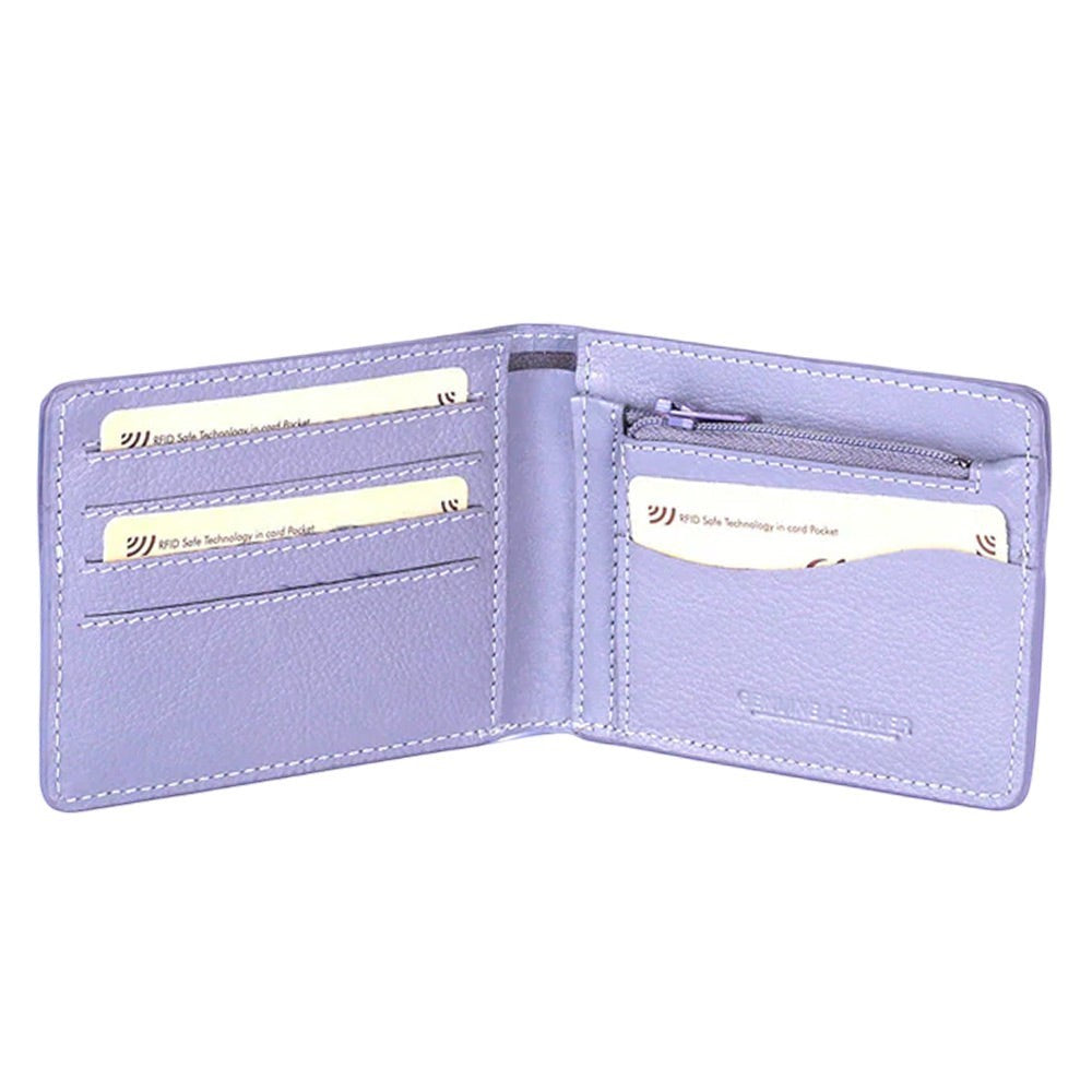 Chris Louis bi-fold wallet in light purple genuine leather with 12 card slots, RFID protection, and a zipper coin pocket.
