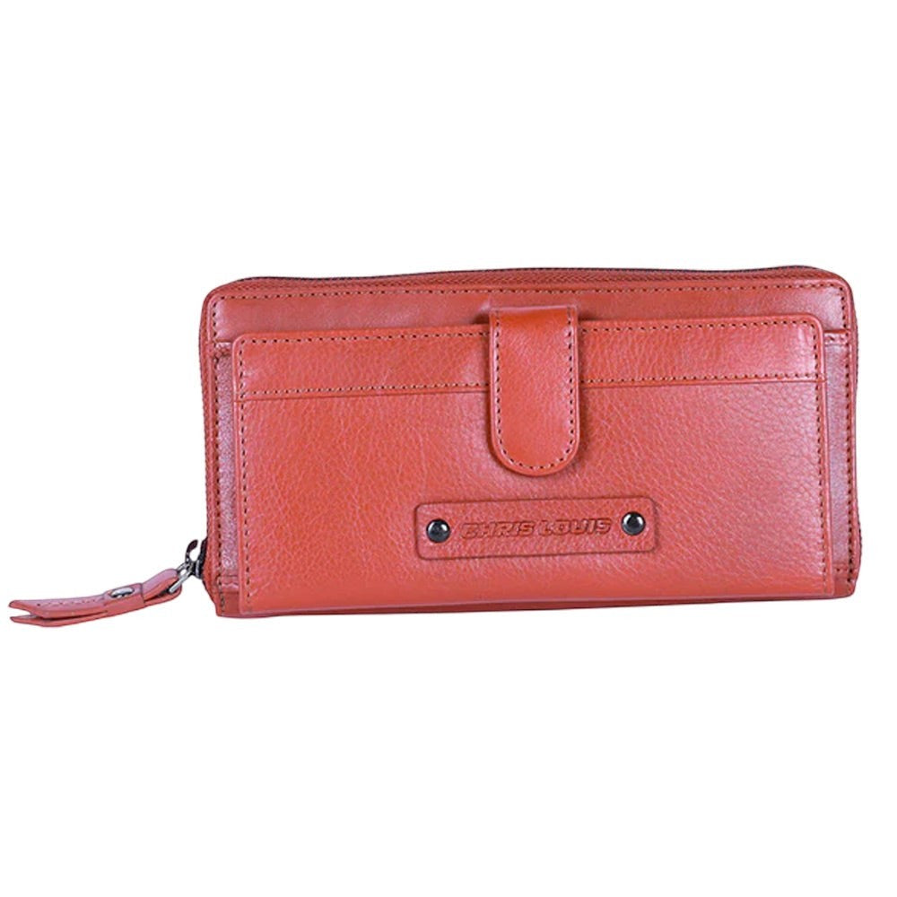 Chris Louis red genuine leather zip-around clutch wallet with snap closure, 26 card slots, and wristlet strap.