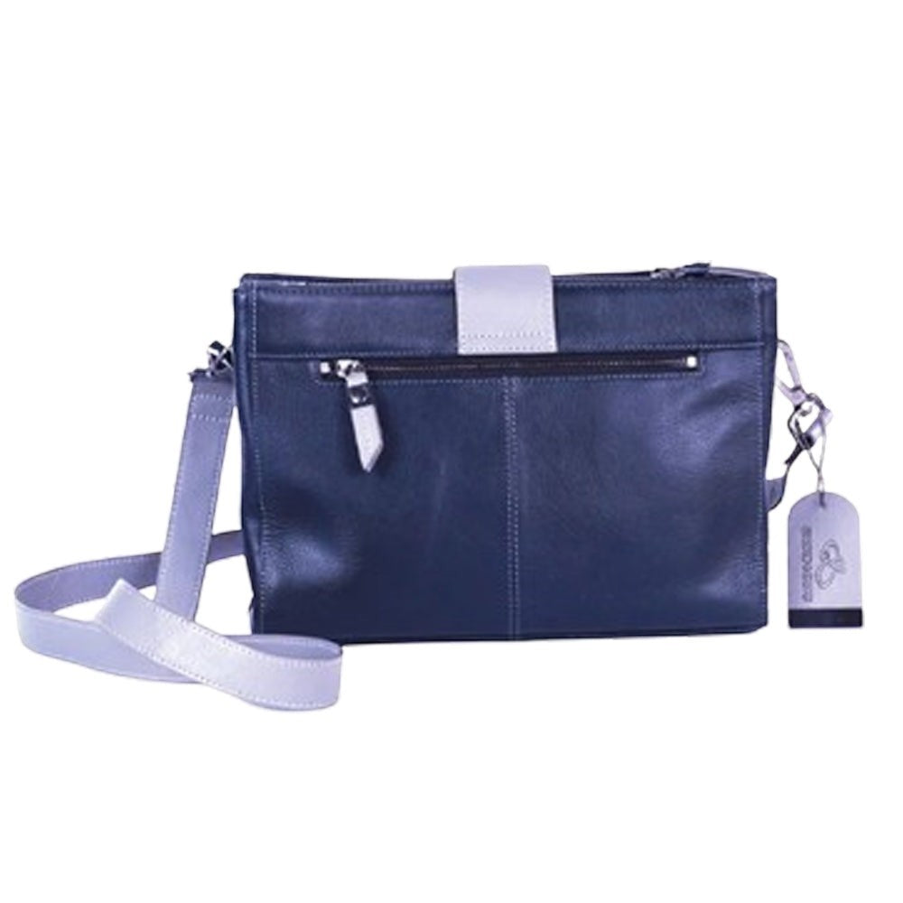 Chris Louis Santorini Leather Cross Body bag in black/grey with front flap and detachable strap.