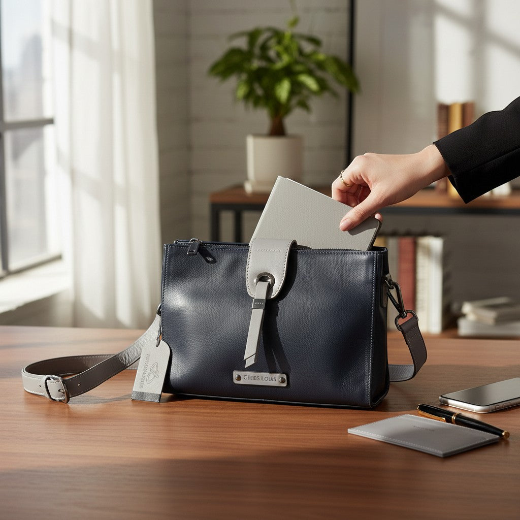 Chris Louis Santorini Leather Cross Body bag in black and grey with front flap and metal hardware. A hand places a grey notebook inside.