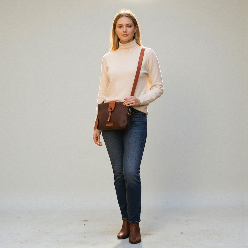 Chris Louis Santorini Leather Cross Body bag in brown with tan strap, front flap and magnet closure.