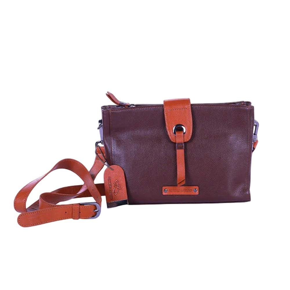 Chris Louis Santorini Leather Cross Body bag in brown and tan with front flap and detachable strap.