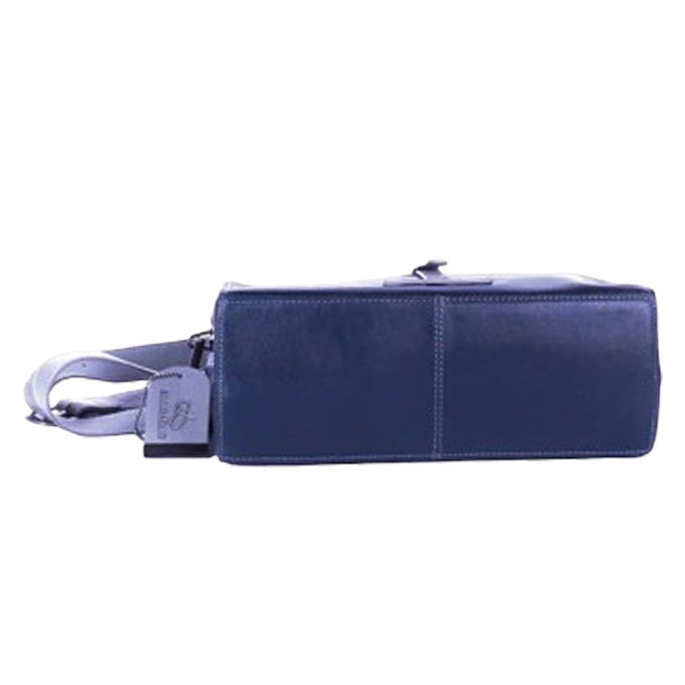 Chris Louis Santorini Leather Cross Body bag in navy blue with a detachable strap and front flap closure.