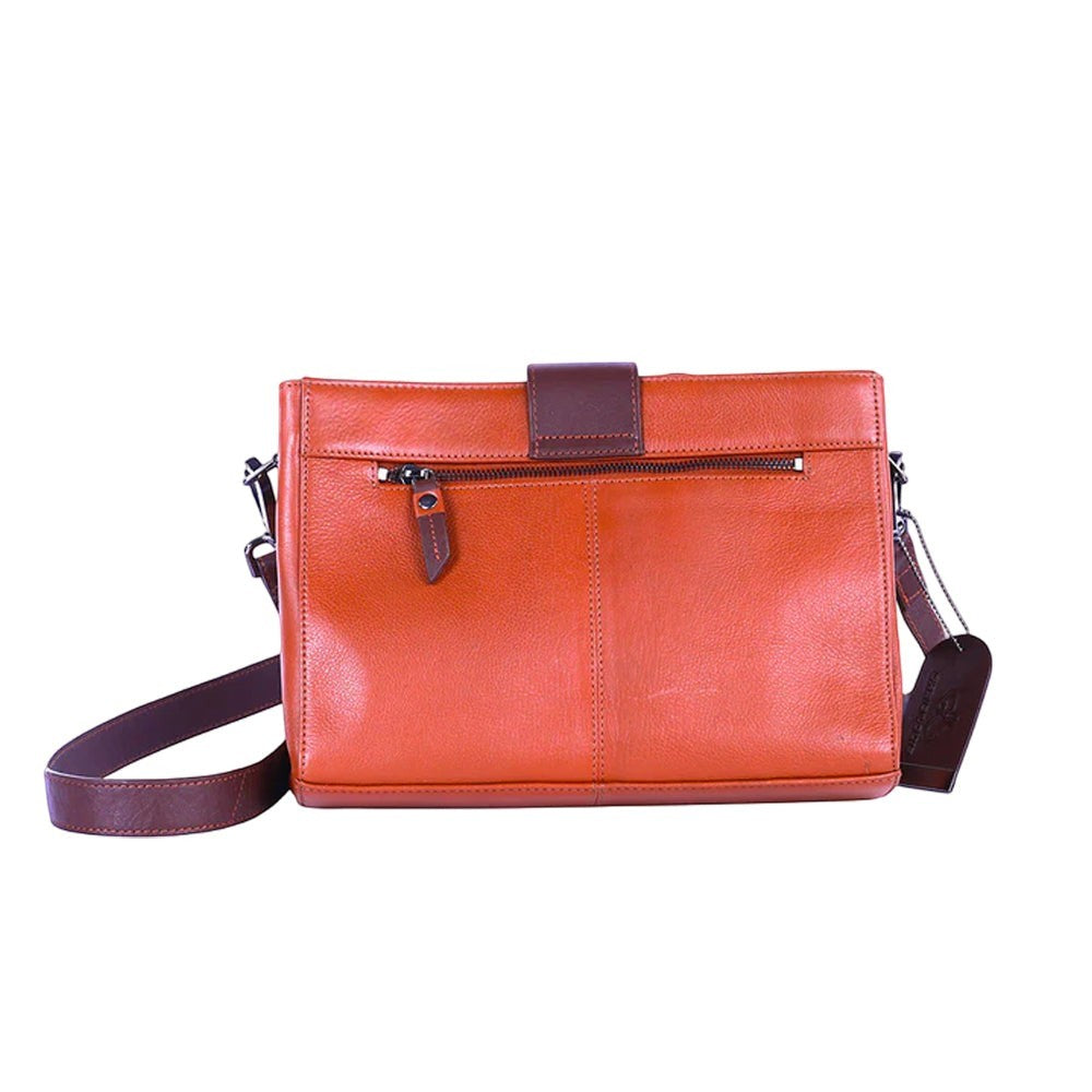 Chris Louis Santorini Leather Cross Body bag in tan brown with front flap and zipper pocket. Genuine leather.
