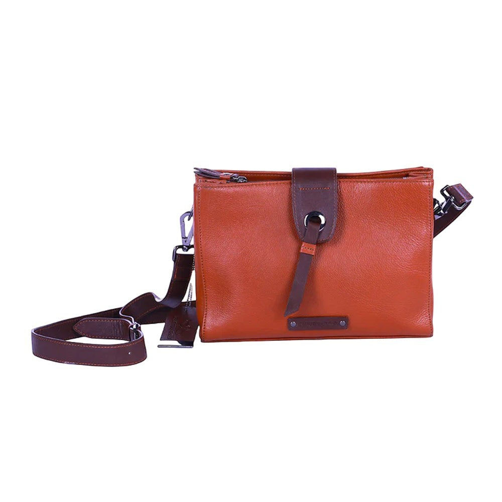 Chris Louis Santorini Leather Cross Body bag in tan brown with front flap and metal hardware.