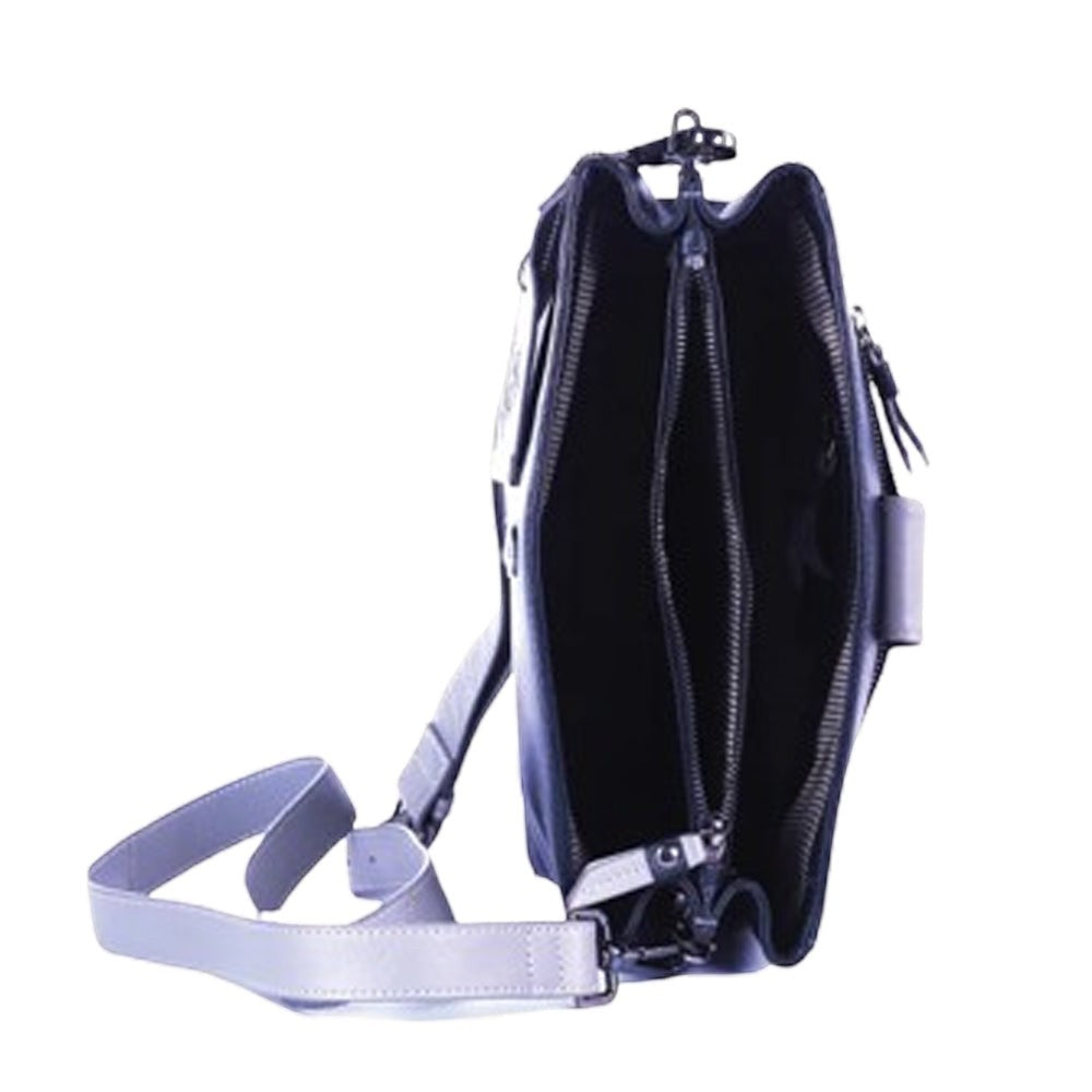 Chris Louis Santorini black and grey genuine leather crossbody bag with multiple compartments and detachable strap.
