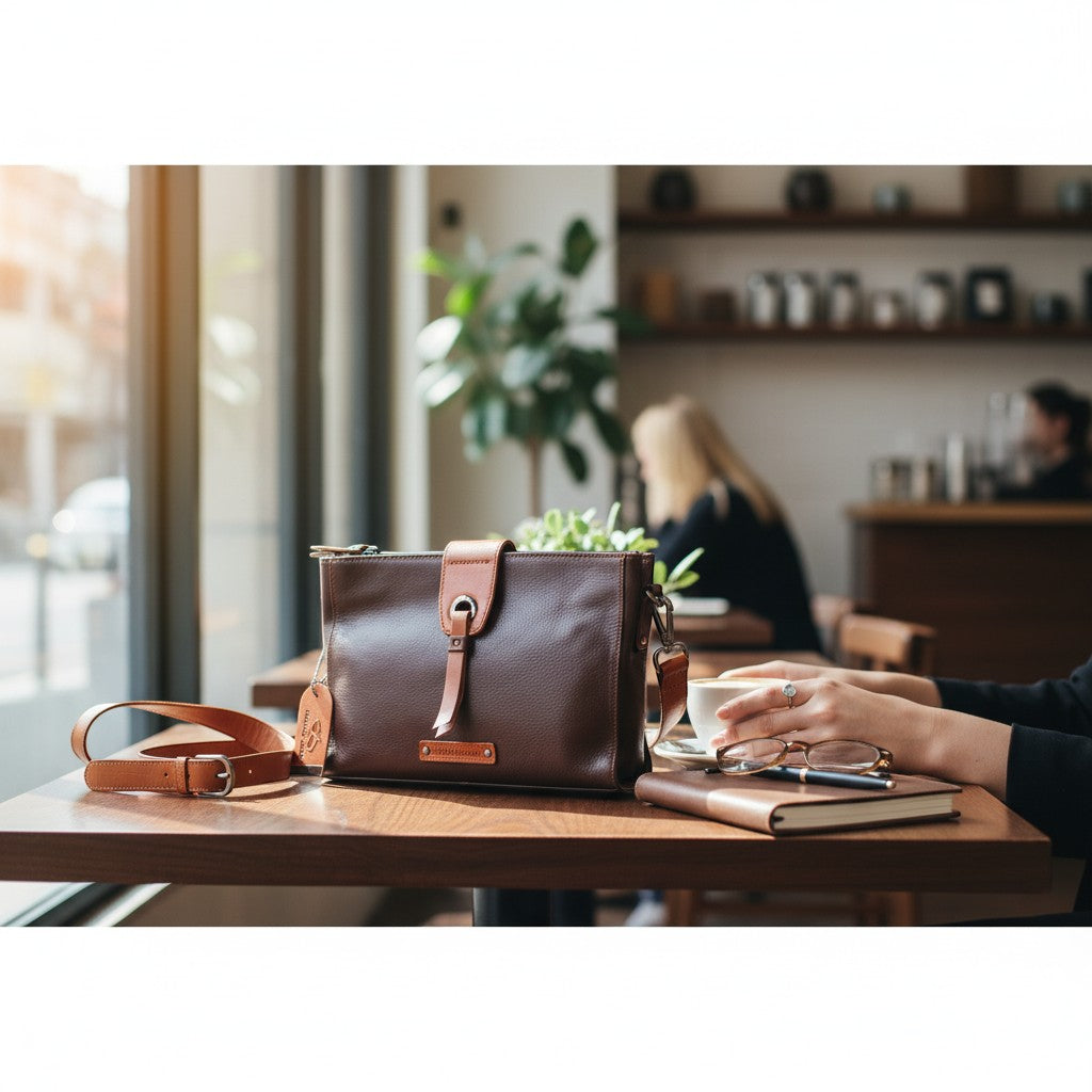 Chris Louis Santorini brown genuine leather crossbody bag with front flap and detachable strap on a table.