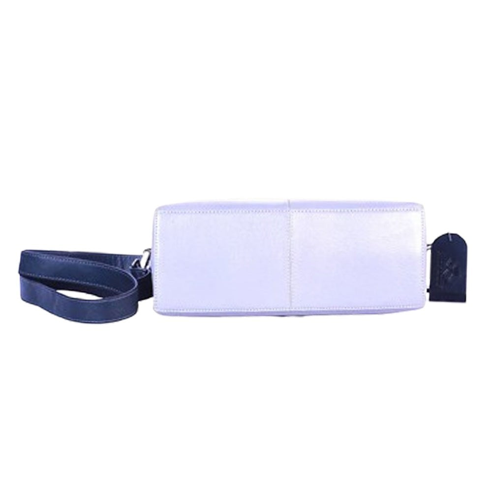 Chris Louis Santorini light purple leather crossbody bag with dark navy strap and accents.