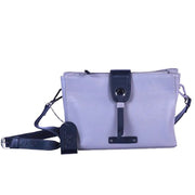 Chris Louis Santorini leather crossbody bag in light purple with dark navy accents and adjustable strap.