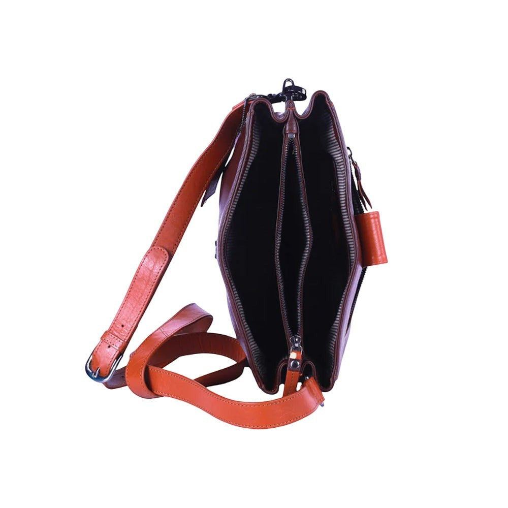 Chris Louis Santorini brown tan genuine leather crossbody bag with detachable strap and front flap.