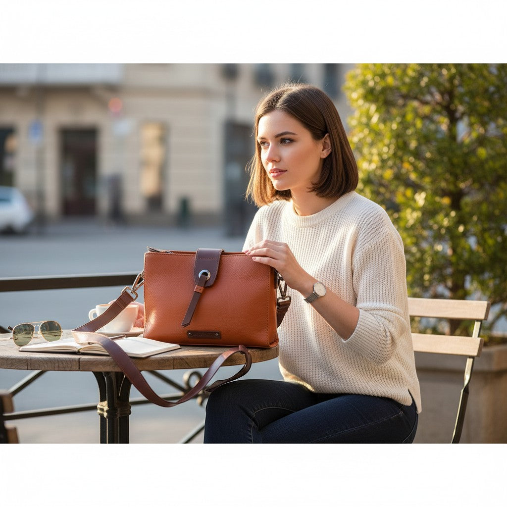 Chris Louis Santorini tan leather crossbody bag with front flap and metal hardware, worn by a woman at an outdoor cafe.