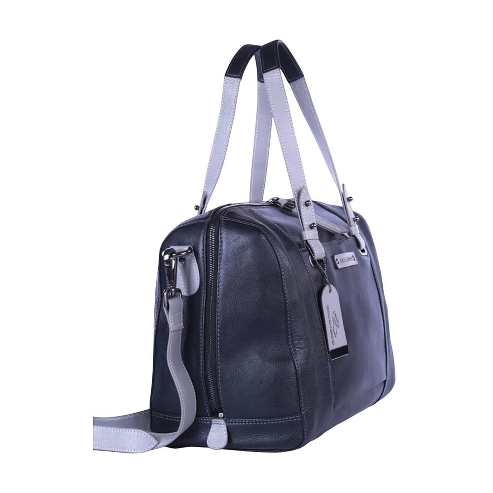Chris Louis Sierra Satchel Bag in black and grey genuine leather with top handles and detachable strap.