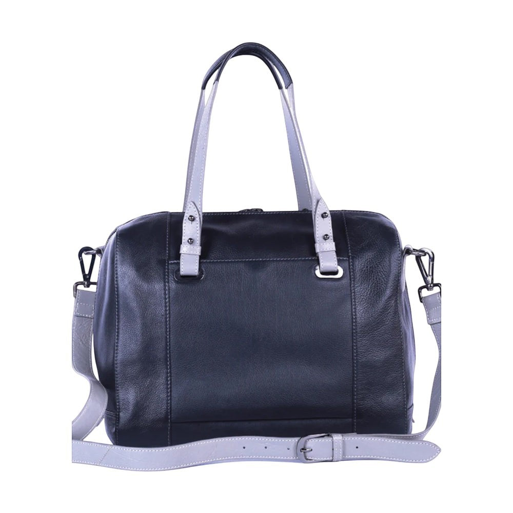 Chris Louis Sierra Satchel Bag in black and grey genuine leather with top handles and detachable shoulder strap.