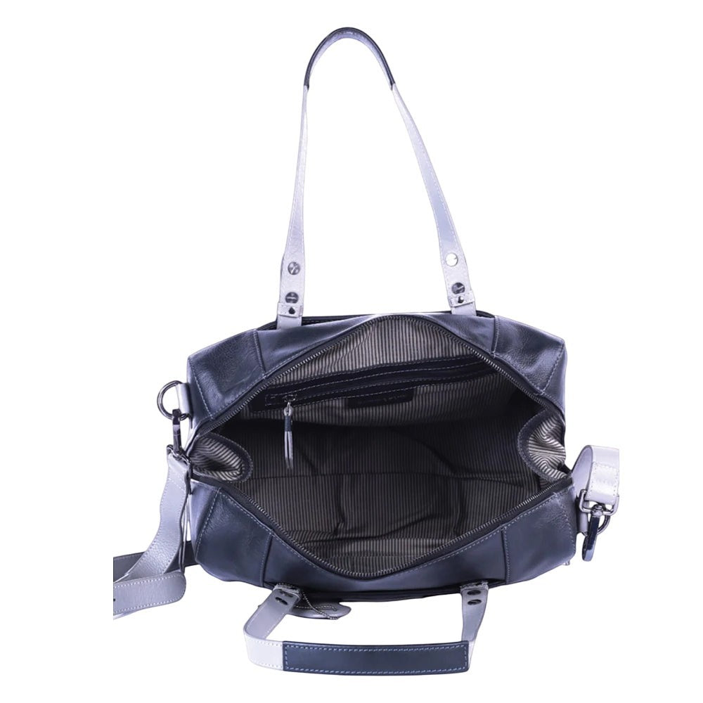 Chris Louis Sierra Satchel Bag in black/grey genuine leather with top handles and detachable strap. Open interior.