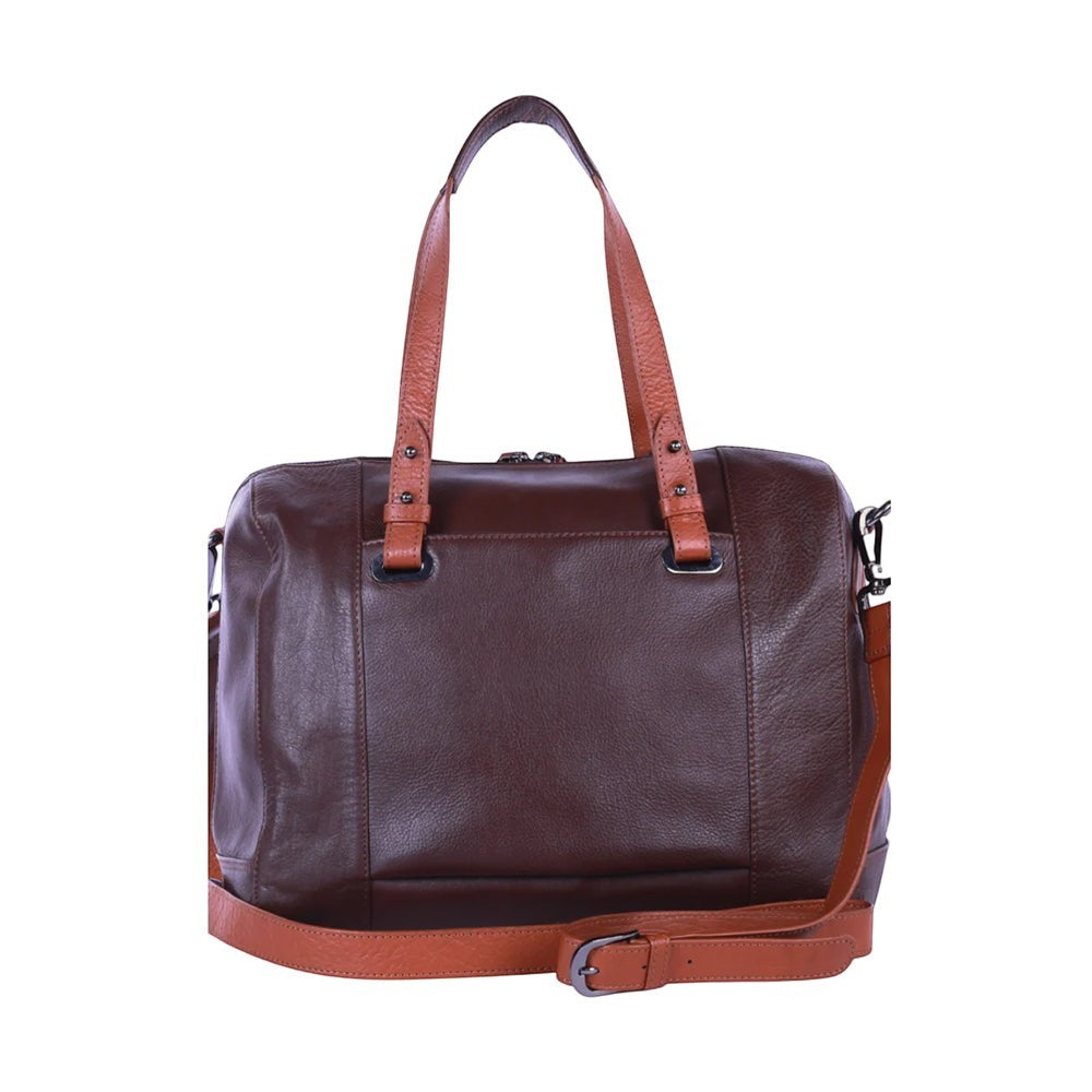 Chris Louis Sierra Satchel Bag in brown and tan genuine veg-tan hide leather with top handles and detachable strap.