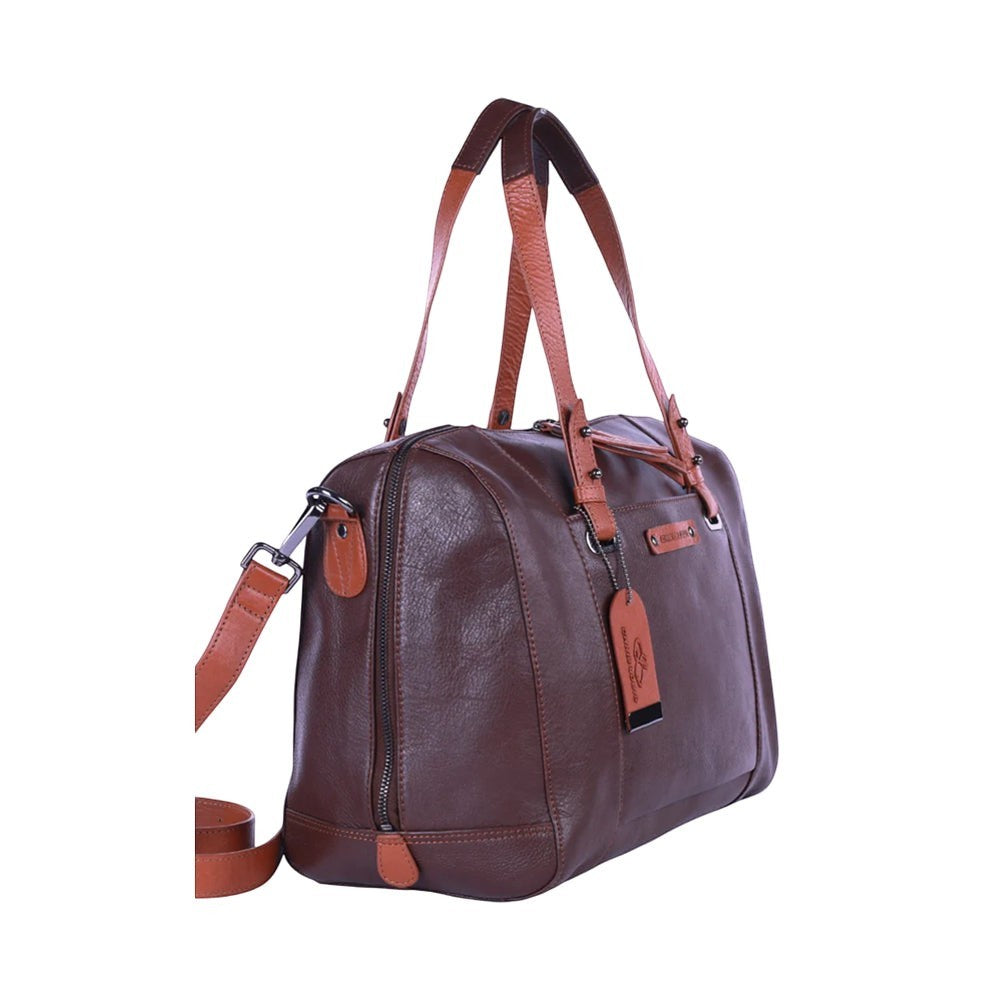 Chris Louis Sierra Satchel Bag in brown and tan genuine veg-tan hide leather with top handles and detachable strap.