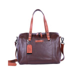 Chris Louis Sierra Satchel Bag in brown and tan genuine veg-tan hide leather with top handles and detachable strap.