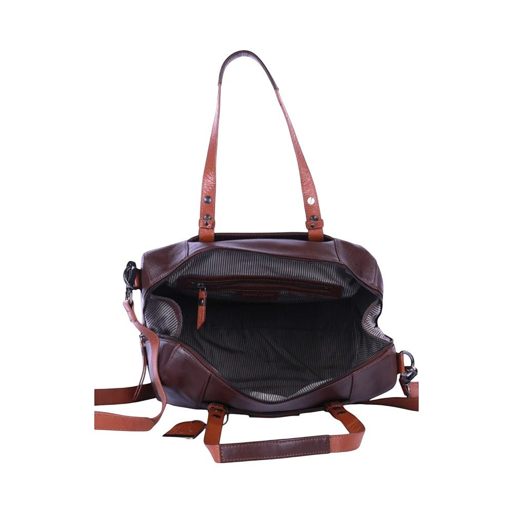 Chris Louis Sierra Satchel Bag in brown and tan genuine veg-tan hide leather with top handles and detachable strap.