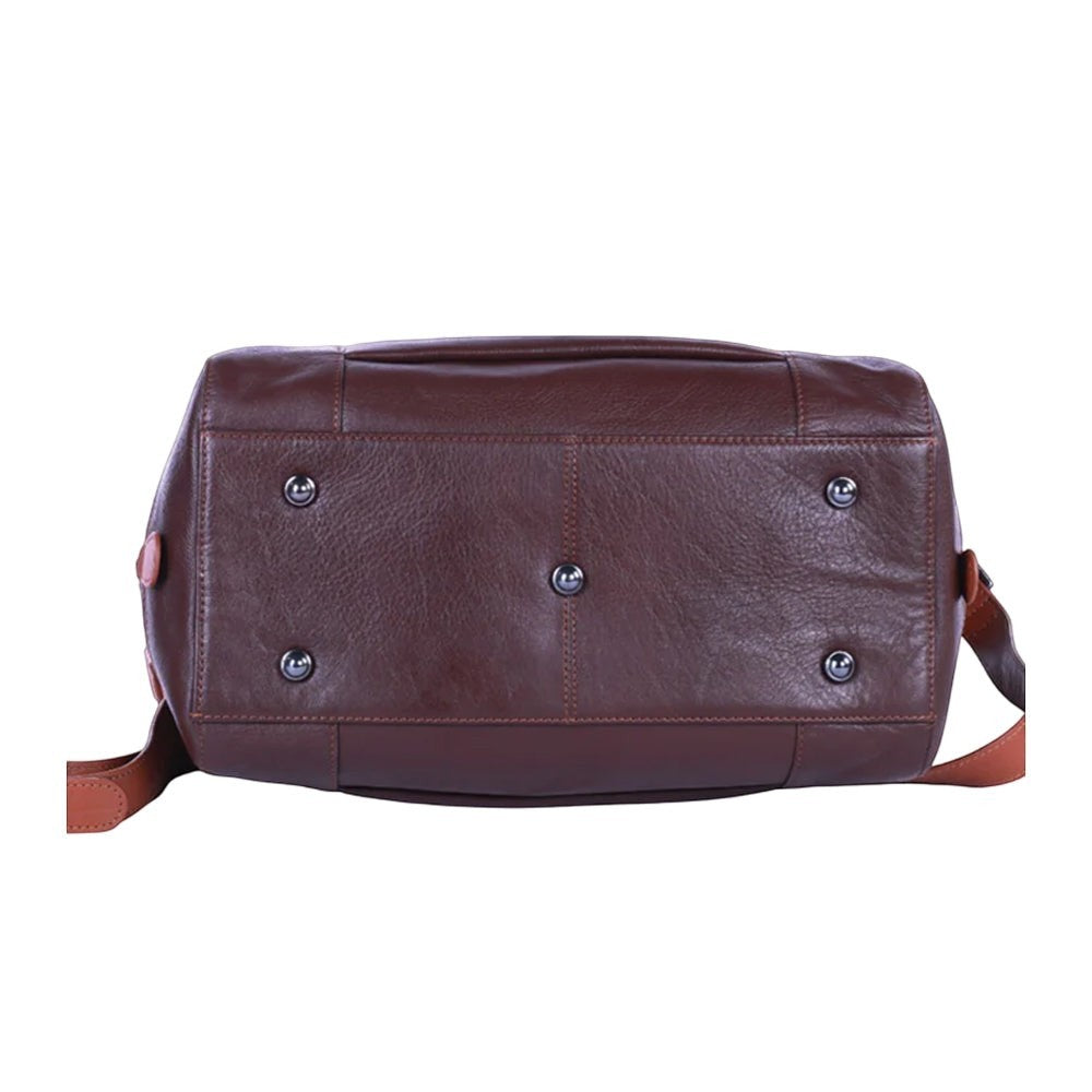 Chris Louis Sierra Satchel Bag in brown/tan genuine veg-tan hide leather with metal hardware and top handle.