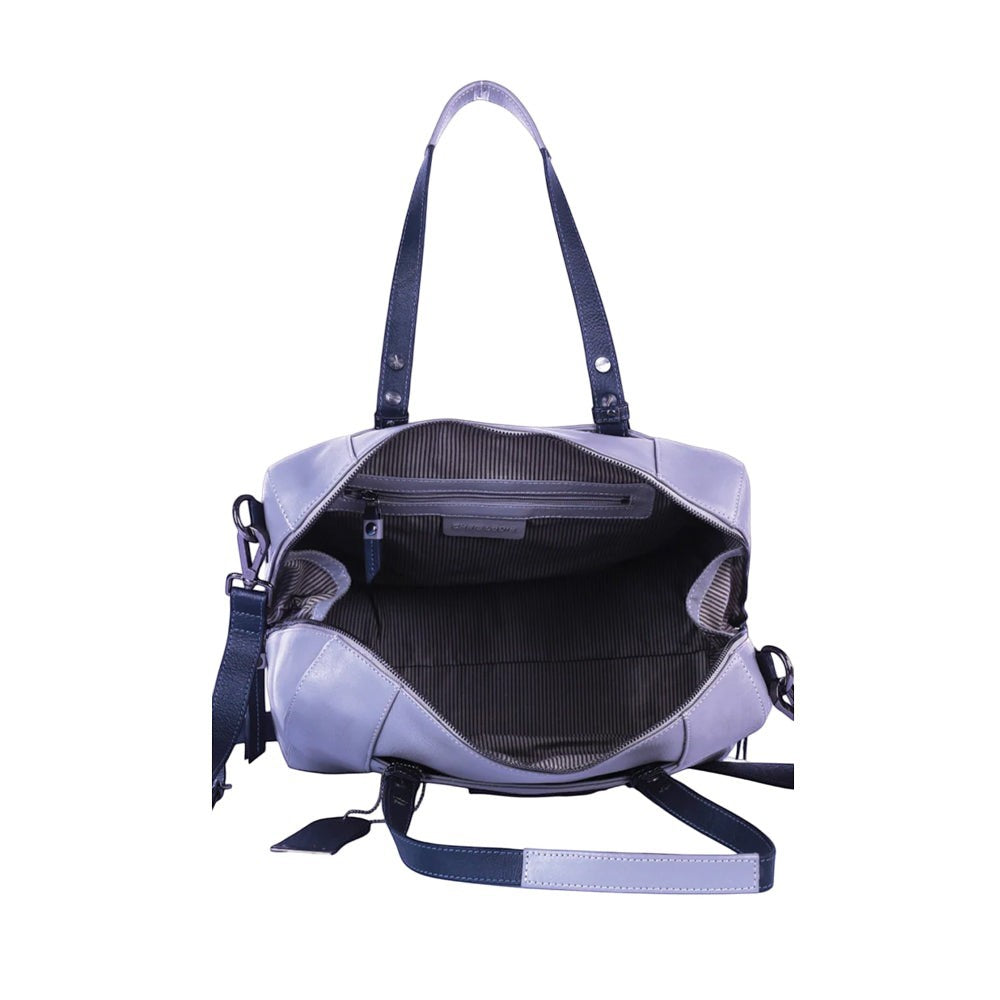 Chris Louis Sierra Satchel Bag in grey and black genuine leather with top handles and detachable strap.