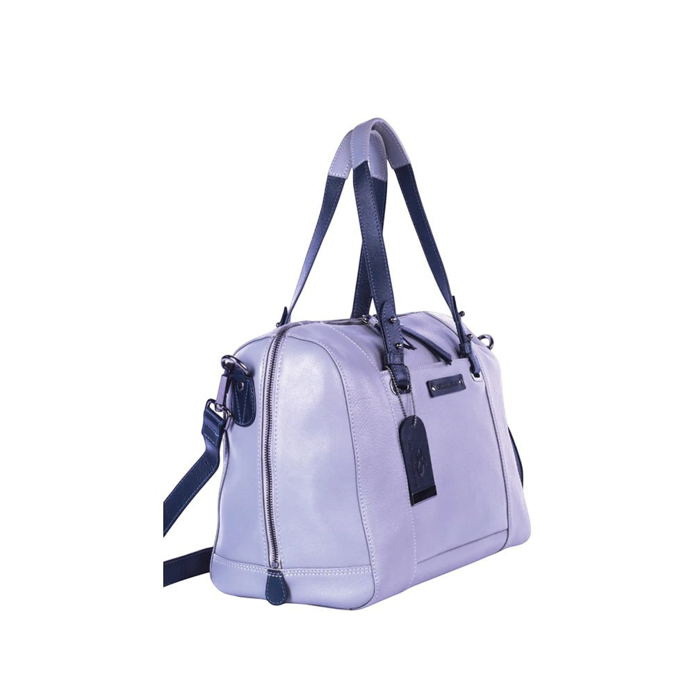 Chris Louis Sierra Satchel Bag in grey and black genuine veg-tan hide leather with top handle and detachable strap.