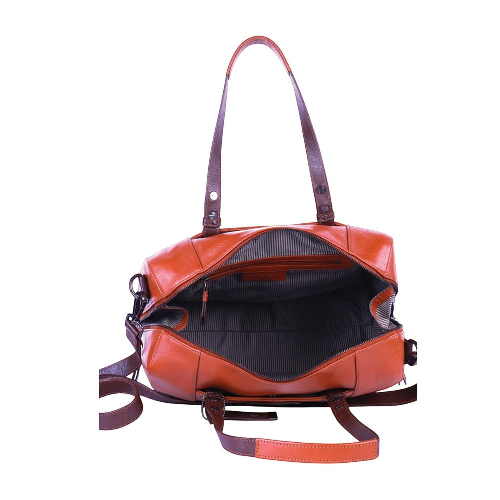 Chris Louis Sierra Satchel Bag in tan and brown genuine leather with top handles and detachable strap.