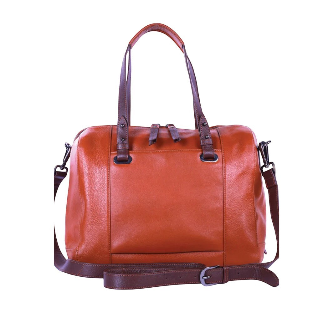 Chris Louis Sierra Satchel Bag in tan and brown genuine leather with top handles and detachable strap.