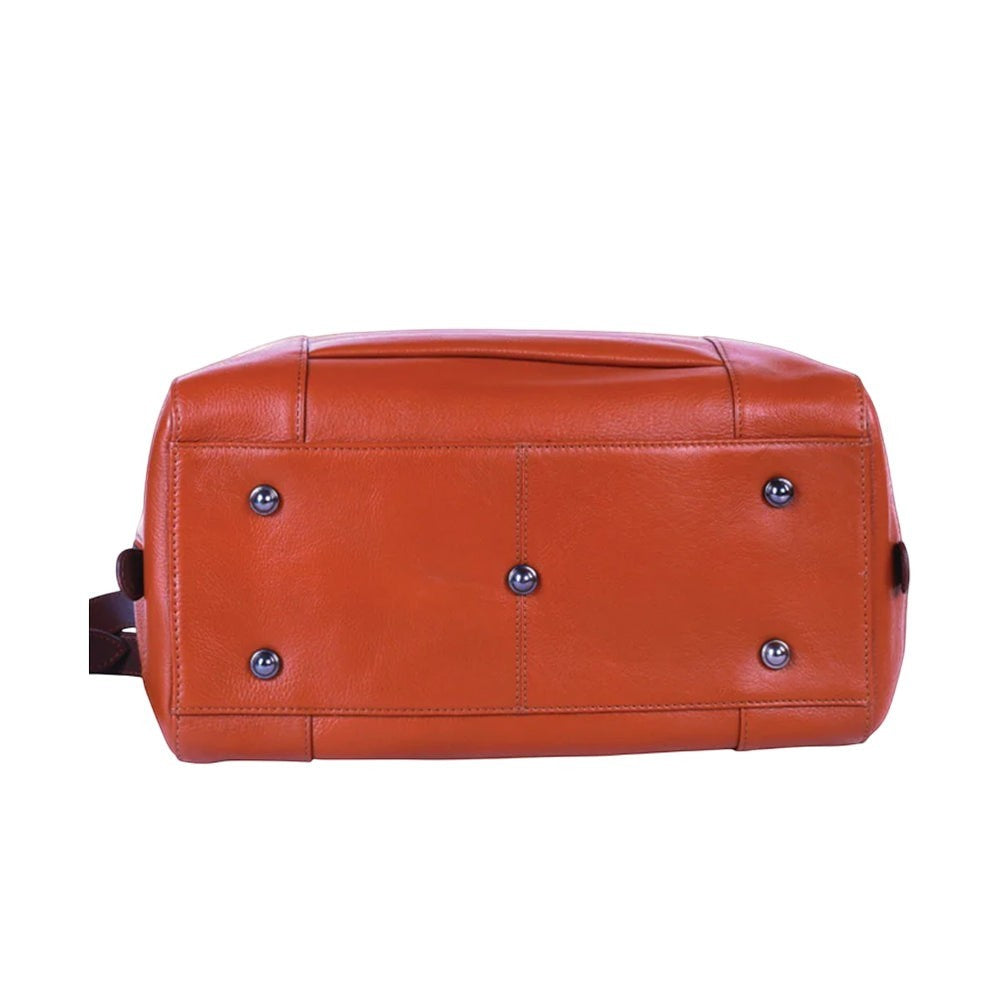 Chris Louis Sierra Satchel Bag in tan and brown genuine leather with metal hardware and protective feet.