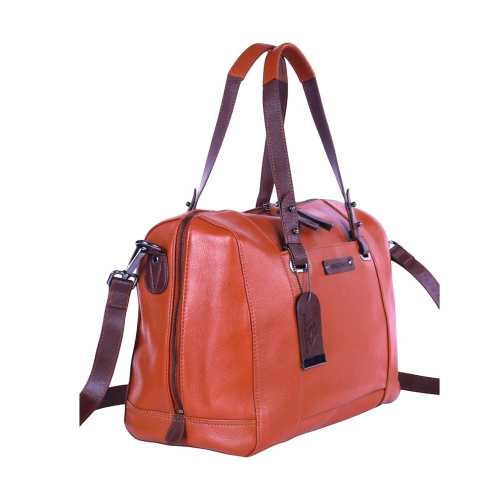 Chris Louis Sierra Satchel Bag in tan and brown genuine leather with top handles and detachable strap.