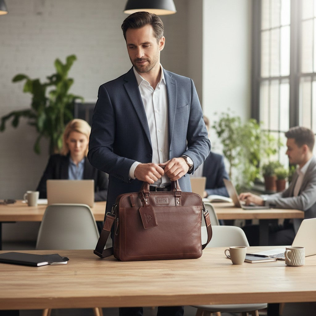 Chris Louis Stonehenge brown genuine veg-tan leather office bag with top handle and detachable shoulder strap.