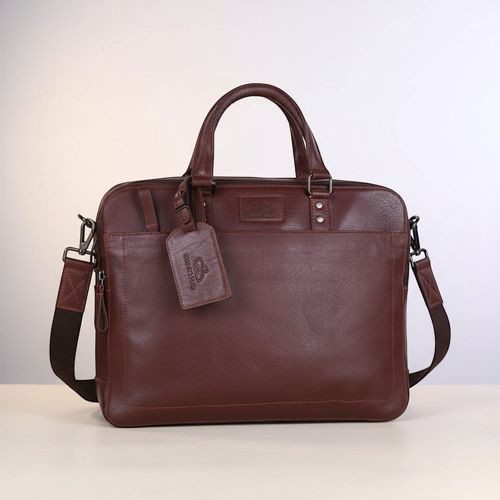 Chris Louis Stonehenge office bag in brown genuine veg-tan hide leather with top handle and detachable shoulder strap.