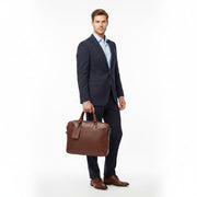 Chris Louis Stonehenge brown genuine veg-tan hide leather office bag with top handle and detachable shoulder strap.