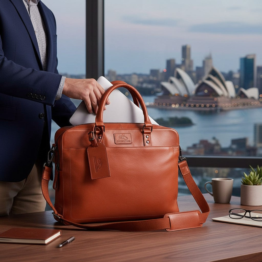 Chris Louis tan genuine veg-tan leather Stonehenge office bag with top handles and detachable shoulder strap.
