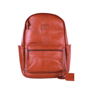 Chris Louis tan genuine leather backpack with multiple pockets and laptop compartment.