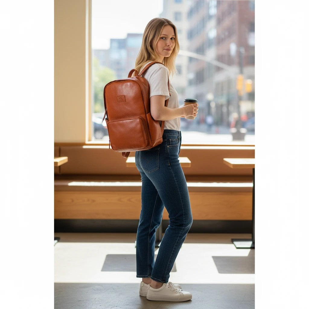 Chris Louis tan leather unisex backpack with front pocket and adjustable straps, worn by a woman holding a coffee cup.