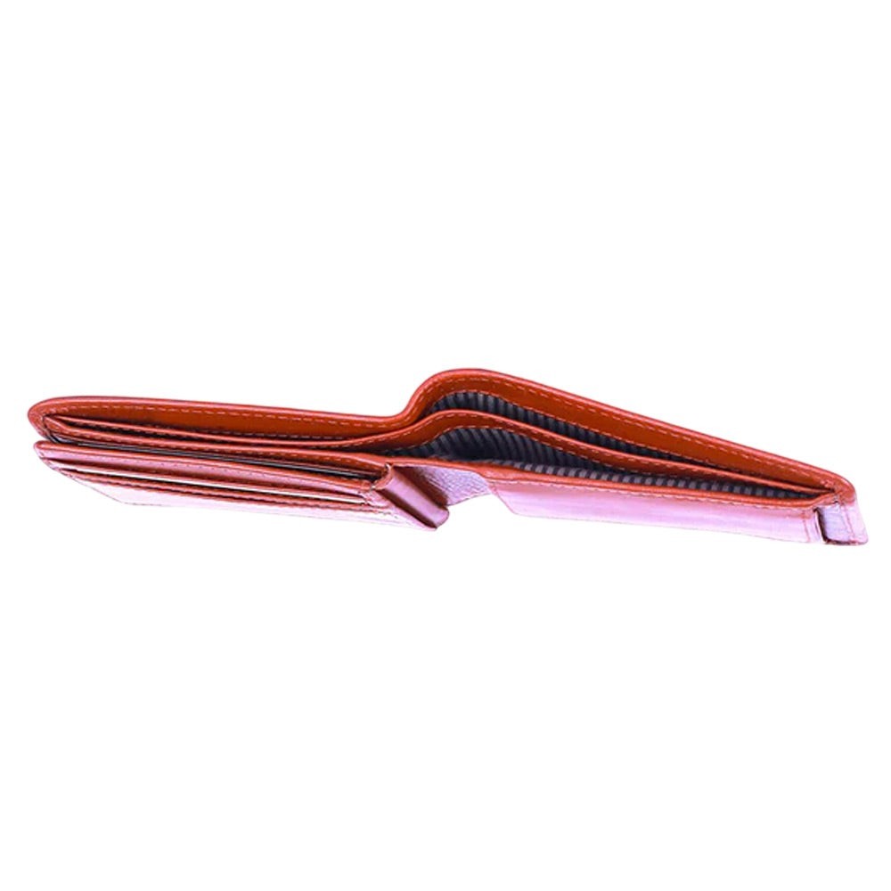 Chris Louis tan bi-fold wallet made of genuine veg-tan leather with 6 card slots, coin pocket, and note compartments.