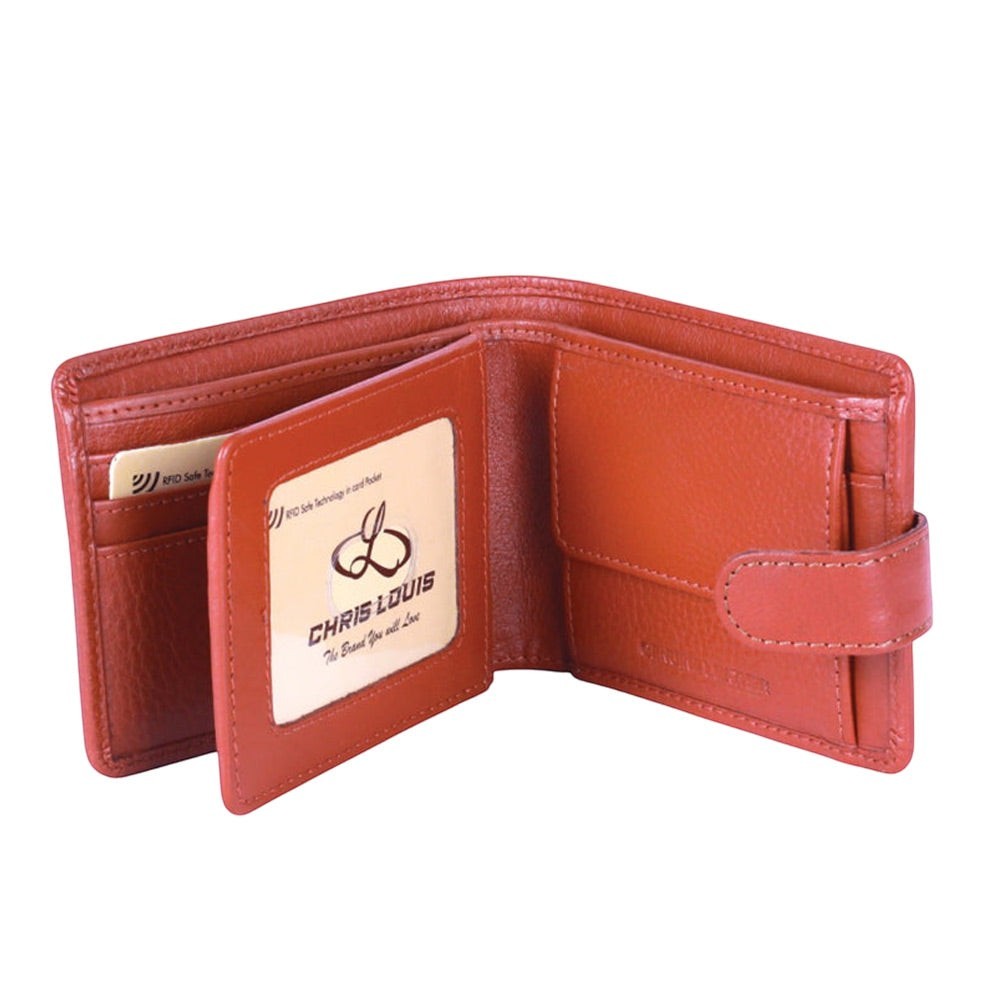 Chris Louis tan bi-fold genuine leather wallet with 6 card slots, ID window, coin pocket, and snap closure.