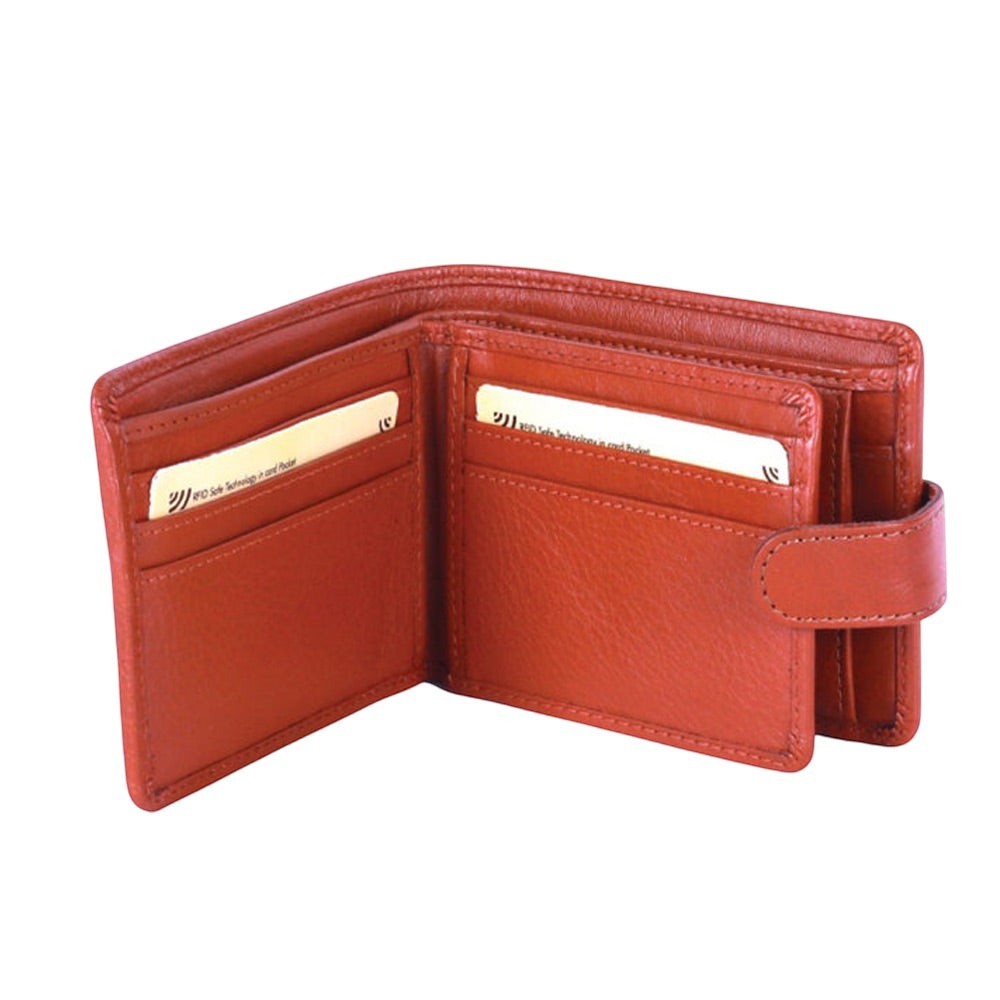 Chris Louis tan bi-fold genuine leather wallet with 6 card slots, ID window, coin pocket, and snap button closure.