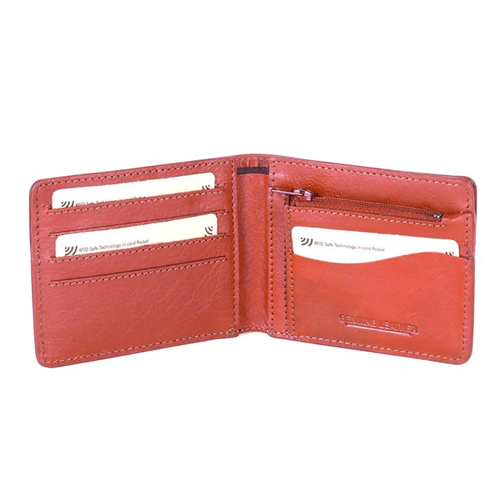 Chris Louis tan leather bi-fold wallet with 12 card slots, 1 zipper coin pocket, and RFID protection.