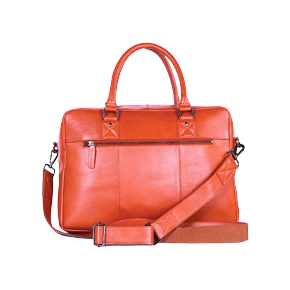 Chris Louis tan leather briefcase with top handles and detachable shoulder strap. Features exterior zip pocket.