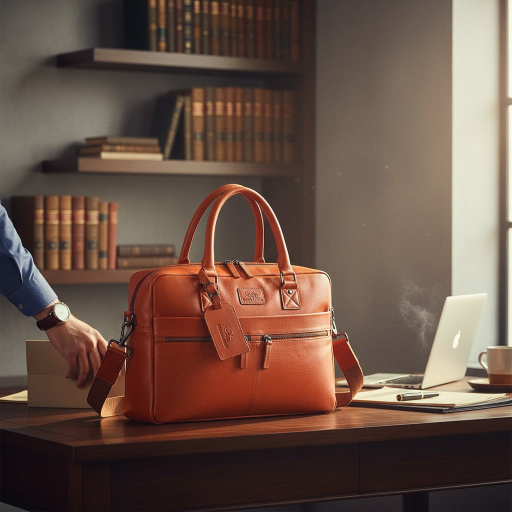 Chris Louis tan leather briefcase with top handles and detachable strap, featuring exterior zippered pockets and a luggage tag.