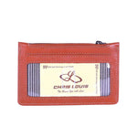 Chris Louis tan genuine leather RFID protected card case with 6 card slots, ID window, slip pocket, and zipper compartment.